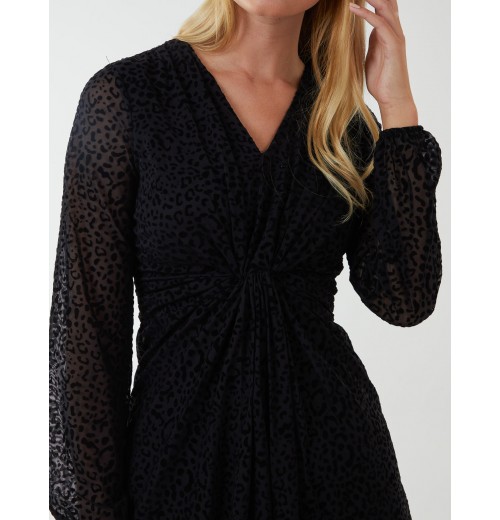 Leopard Print Flocked Knot Front Angel Sleeve Dress