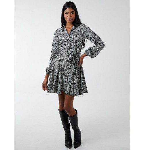 Shirt Mini Dress With Godet Hem & Tie