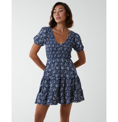 Shirred Bust Mini Dress With Puff Sleeve