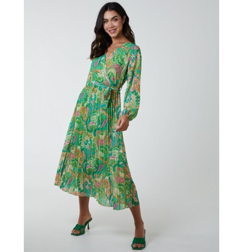 Paisley Wrap Pleated Dress