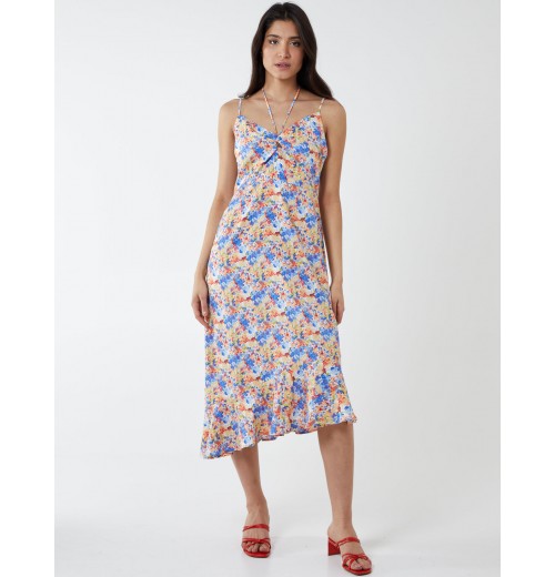 Twist Front Floral Print Midi Dress