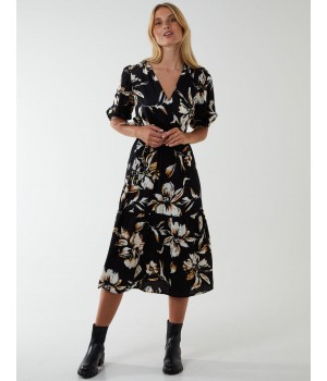 Wrap Front Tier Hem Midi Dress